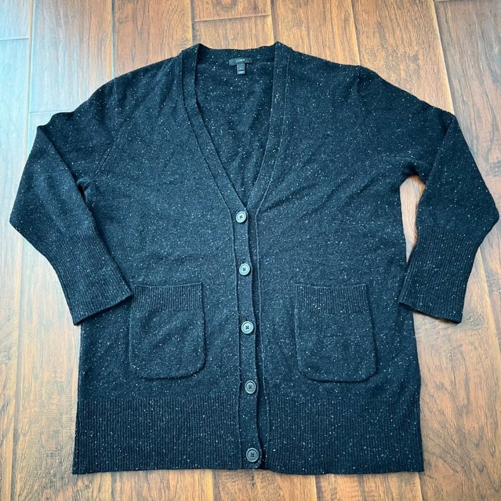 J.Crew Long Donegal 100%Wool Cardigan Black Speckled Pocket Front